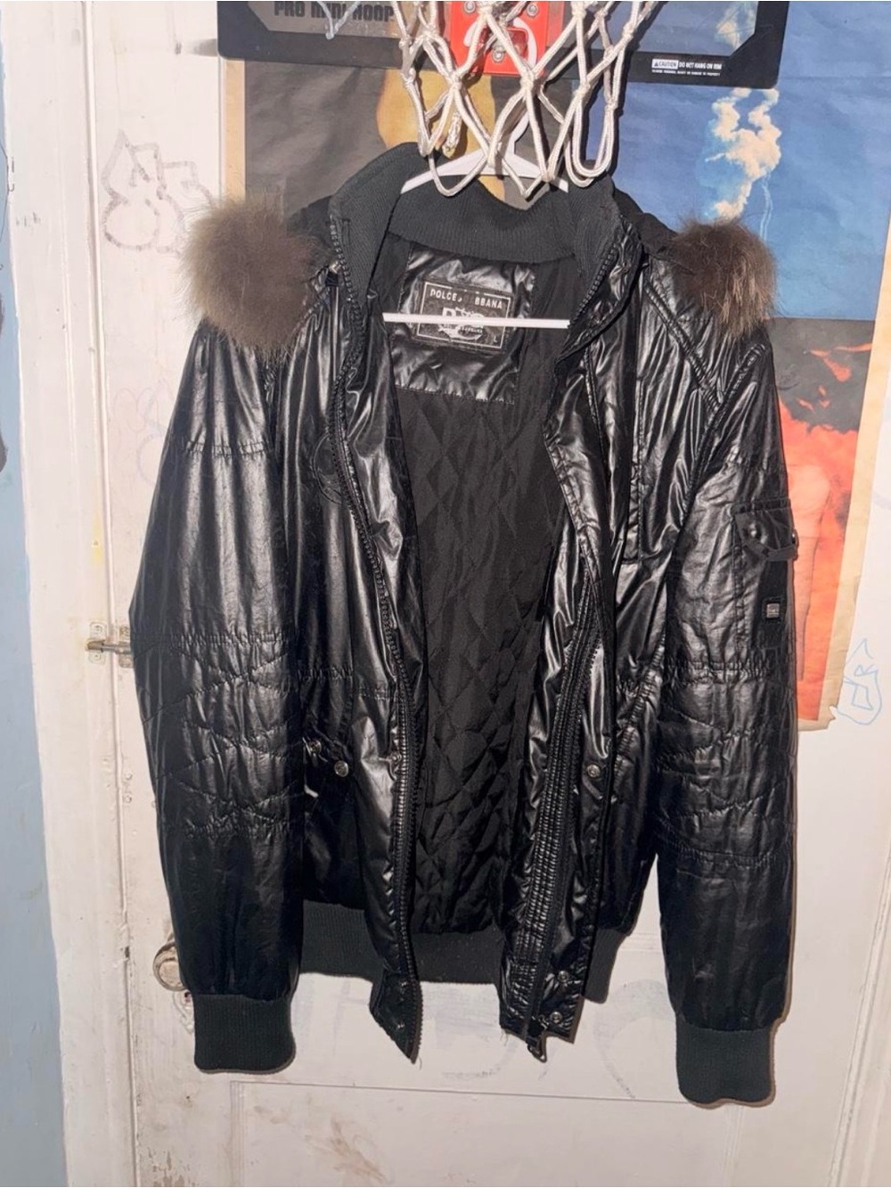 Dolce & Gabbana Black Quilted Hooded Puffer with Fur Trim